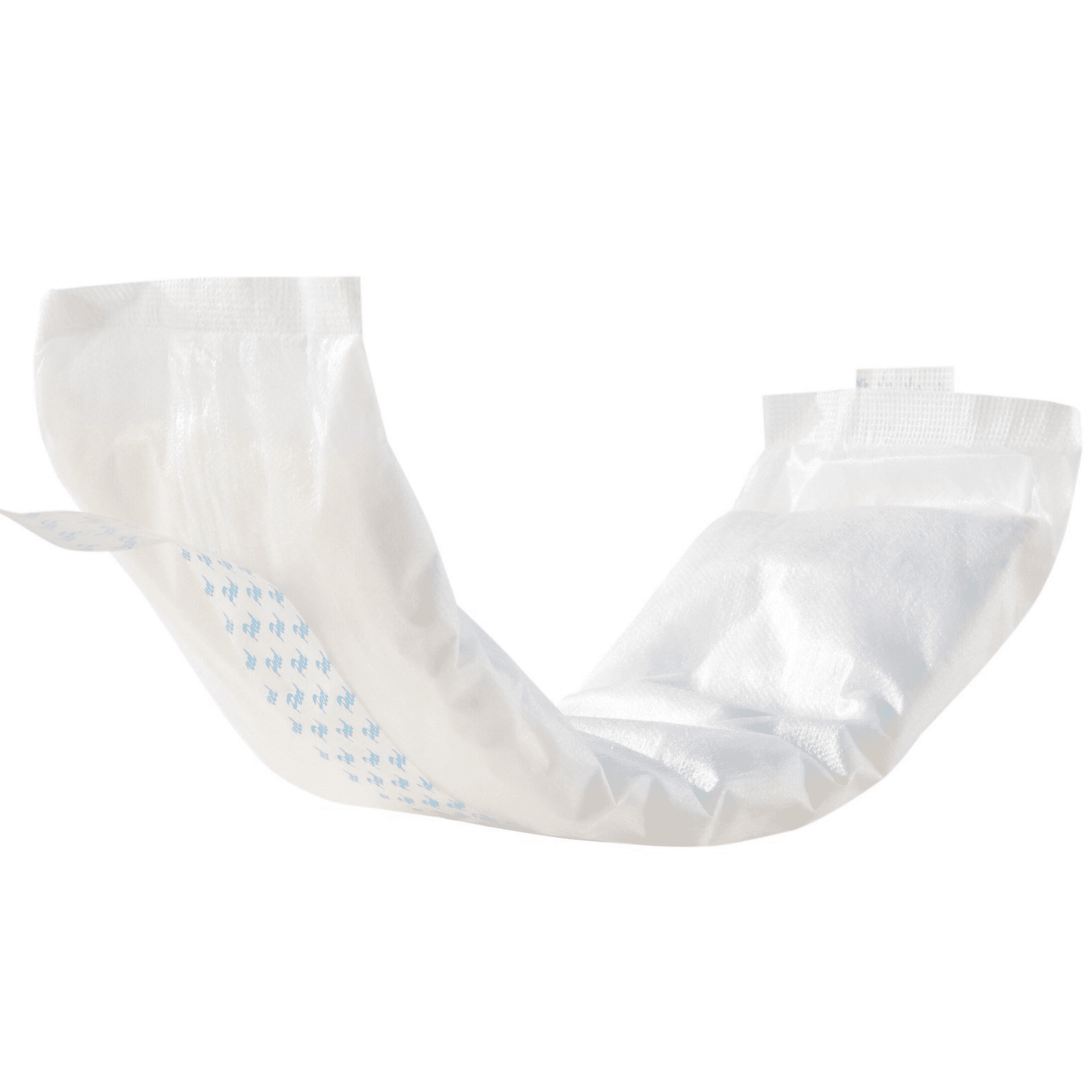 Folded white incontinence liner with blue positioning markings and absorbent pad