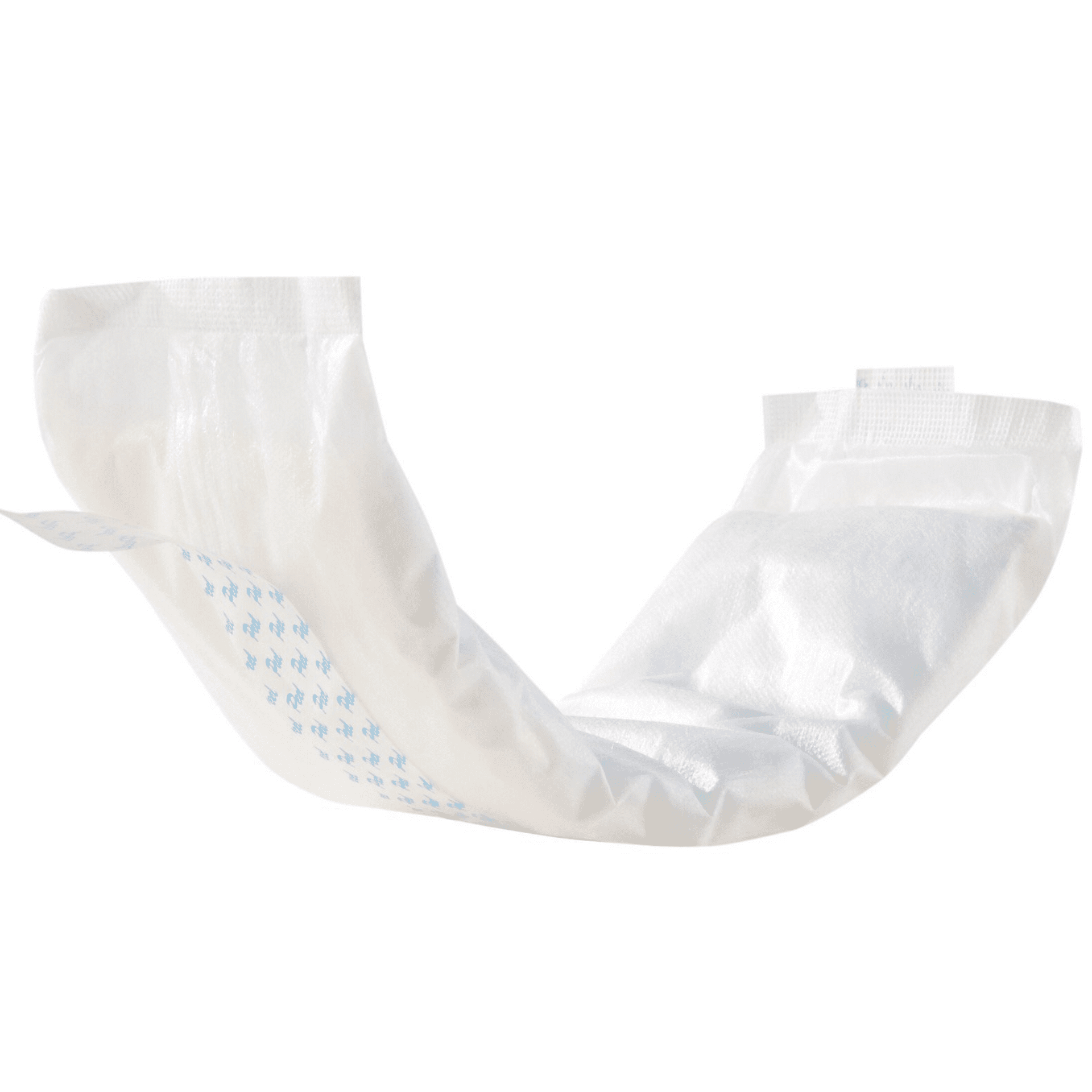 Folded white incontinence liner with blue positioning markings and absorbent pad