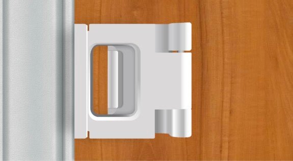White door lock guard limiter shown in doorway with rectangular latch opening