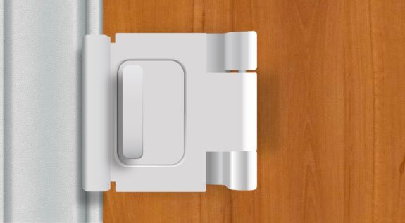 White door guardian lock limiter mounted on door edge with sliding block