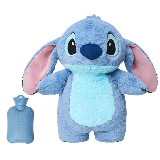 Blue plush cartoon hot water bottle with squeeze cap, big eyes and long pink-lined ears
