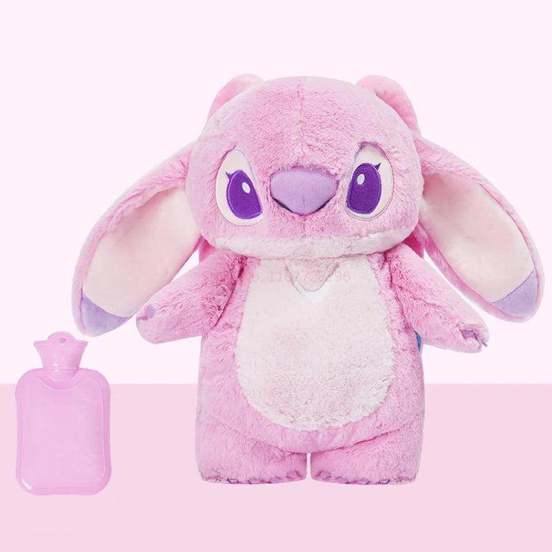 Pink plush cartoon hot water bottle with angel bear face, purple eyes and matching cap