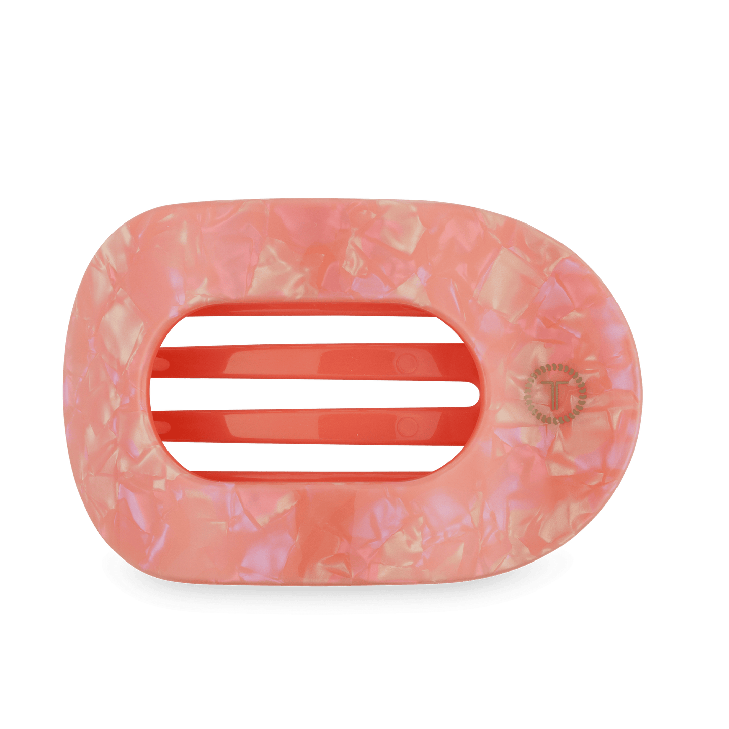 Large flat round hair clip, translucent pink, three-bar center, faux-marble pattern