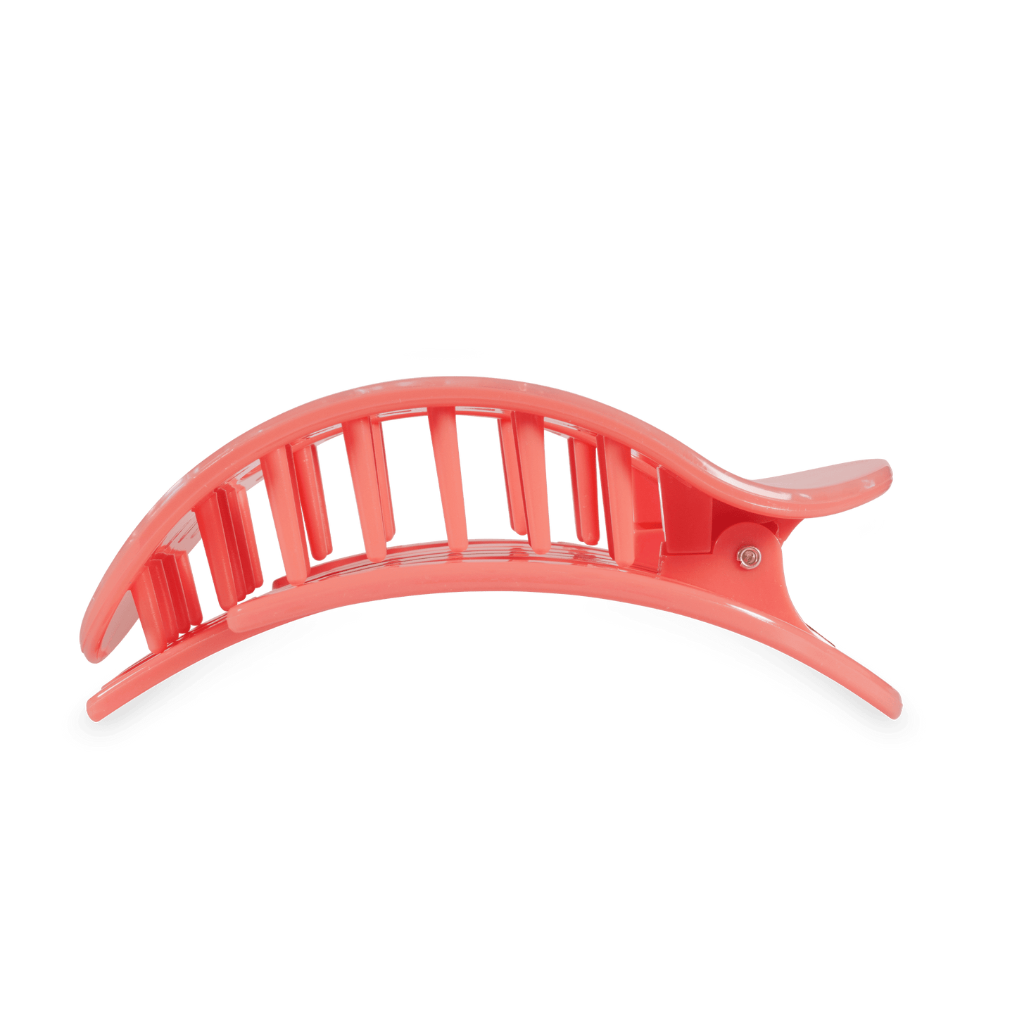 Large translucent pink hair claw clip with ridged comb teeth and curved wings