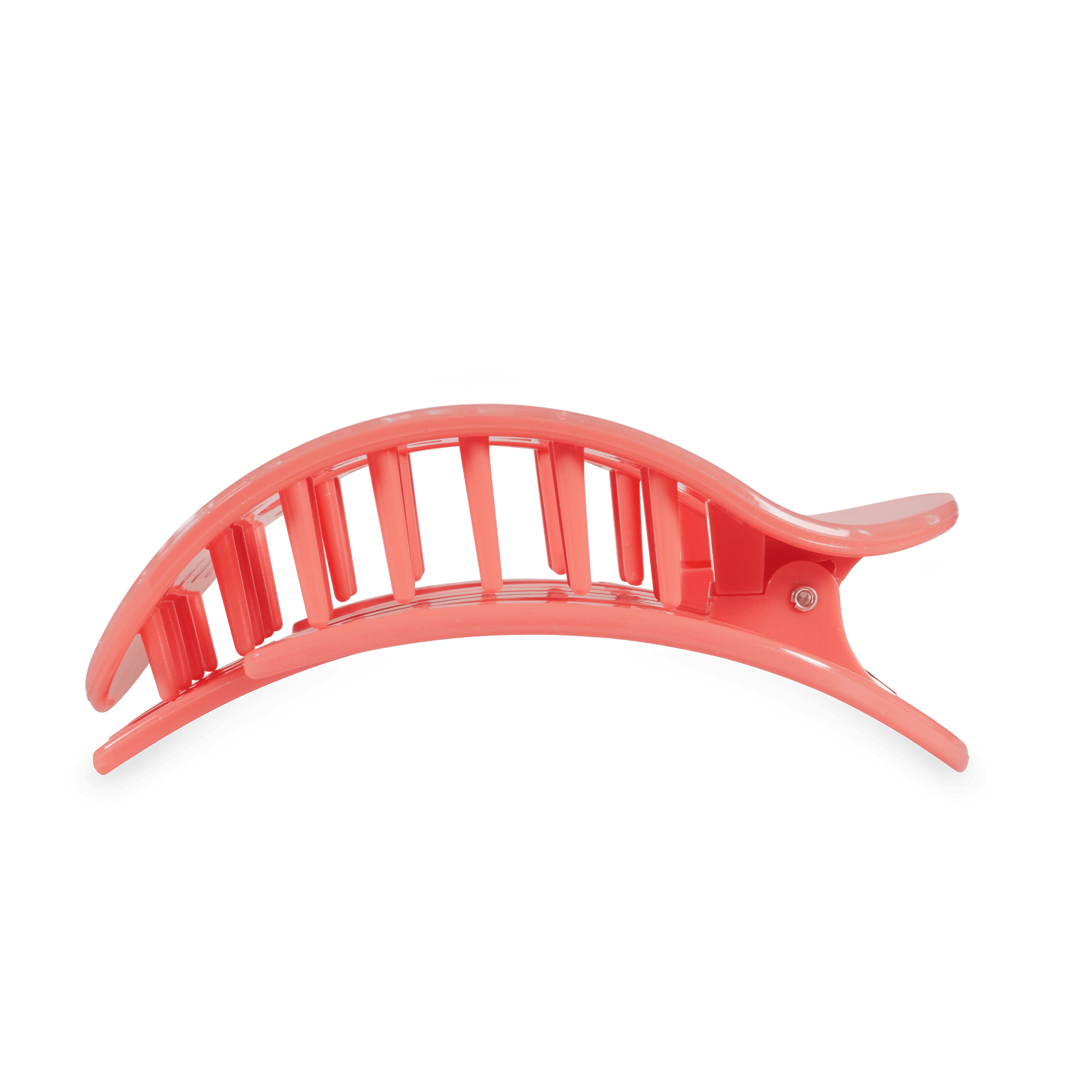 Large translucent pink hair claw clip with ridged comb teeth and curved wings