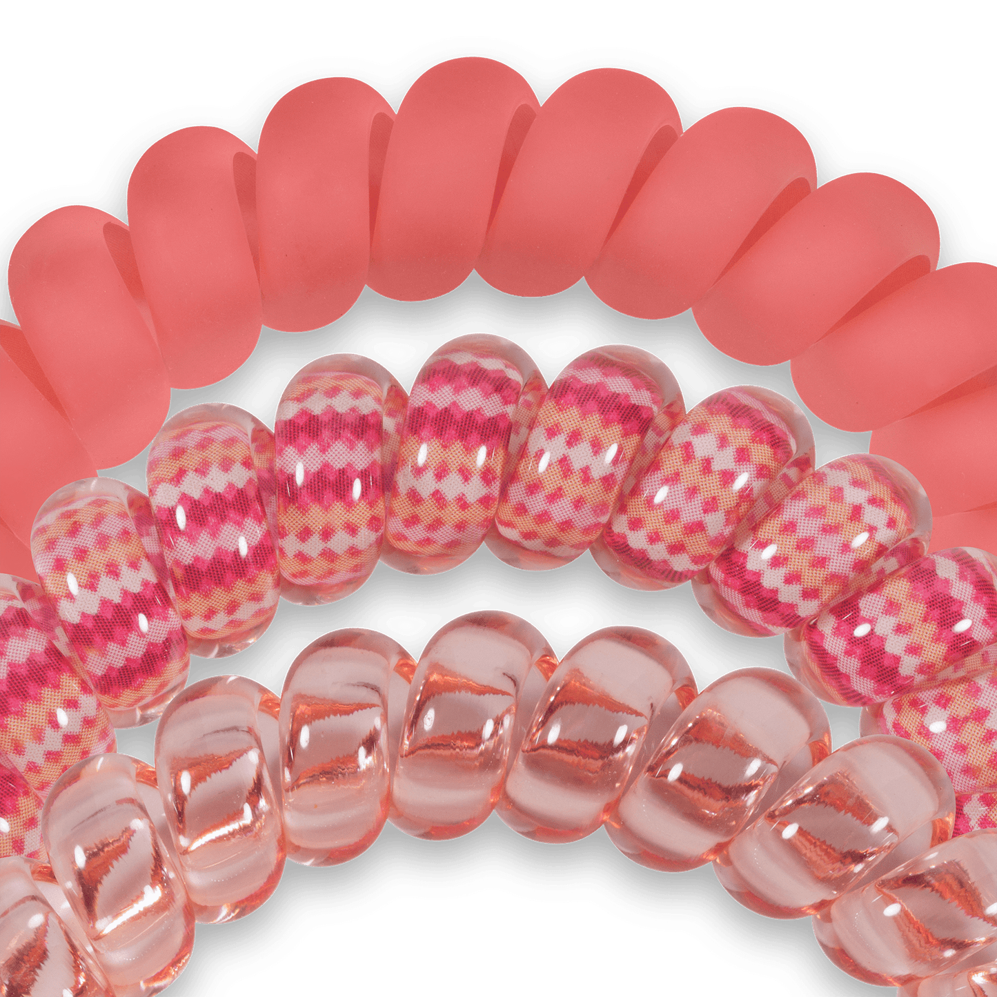 Curled large hair ties in coral pink and pink check pattern