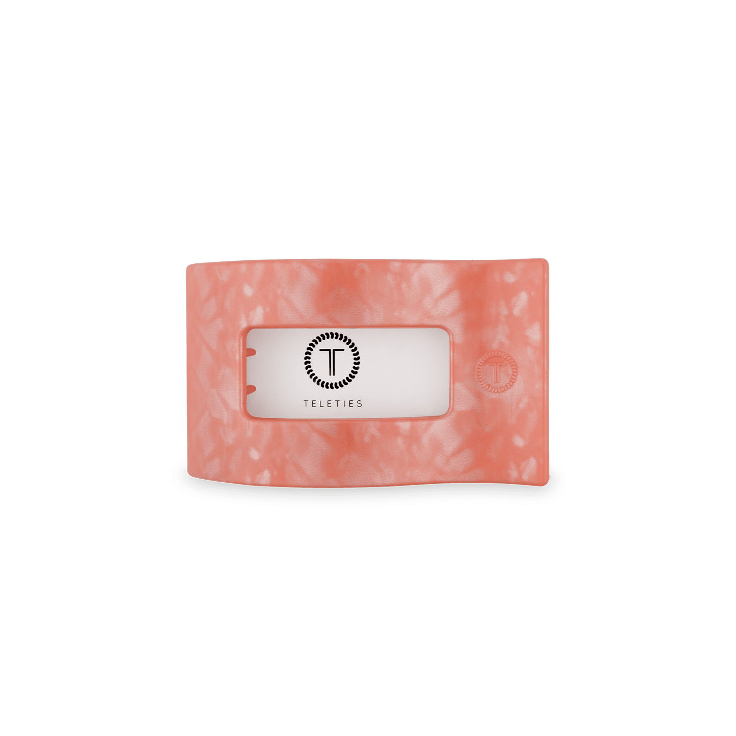 Peach flat rectangle hair clip with rectangular opening and embossed brand mark