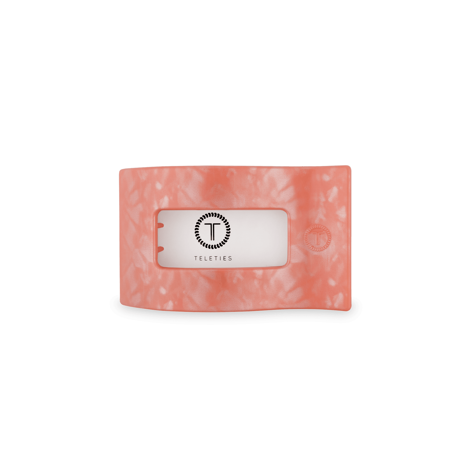 Peach flat rectangle hair clip with rectangular opening and embossed brand mark