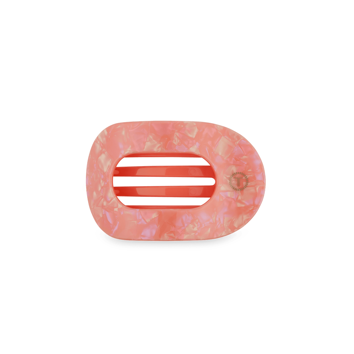 Pink flat oval hair clip with textured finish and red-striped center prongs