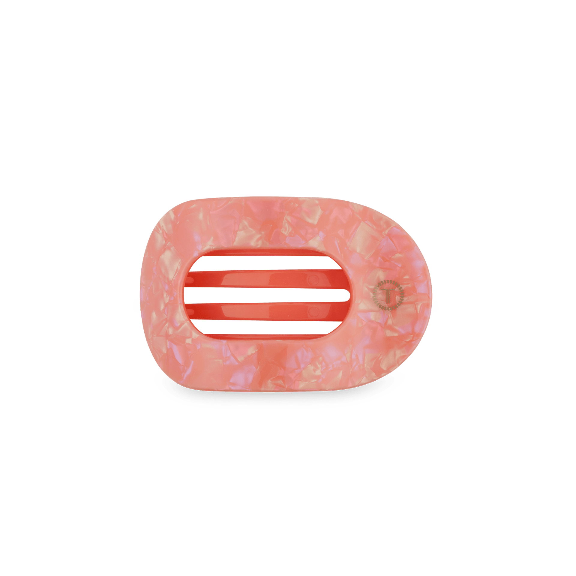Pink flat oval hair clip with textured finish and red-striped center prongs
