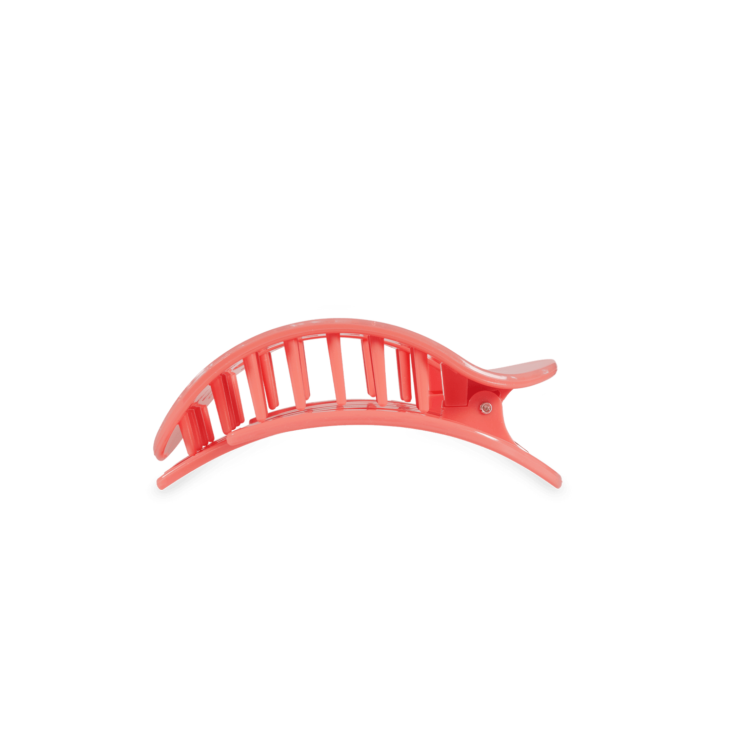 Coral pink small hair clip with vertical teeth and hinged side arms