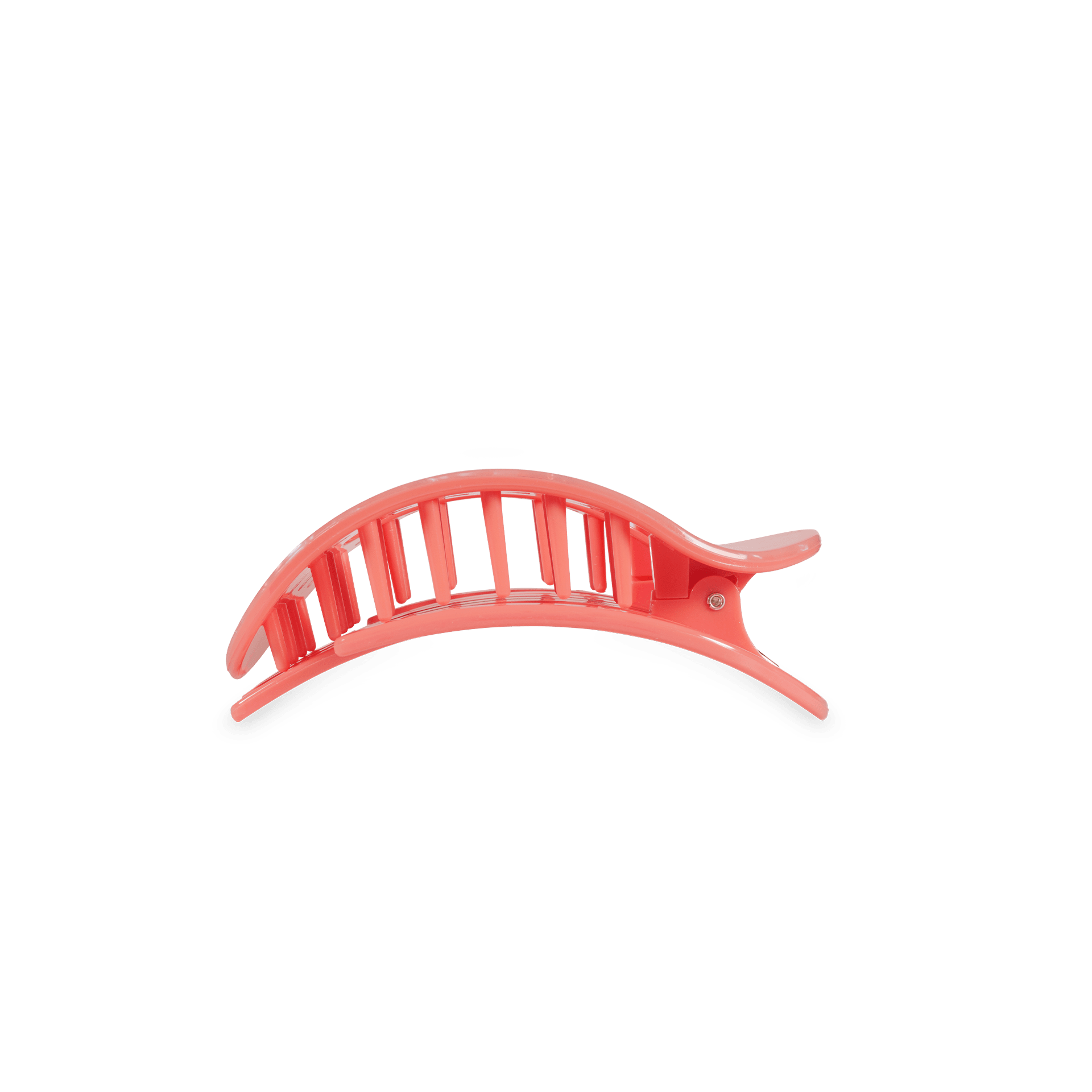 Coral pink small hair clip with vertical teeth and hinged side arms