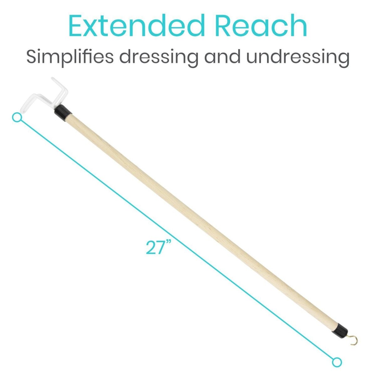 Extended reach dressing stick with light wood pole, white hook ends, about 27 in length