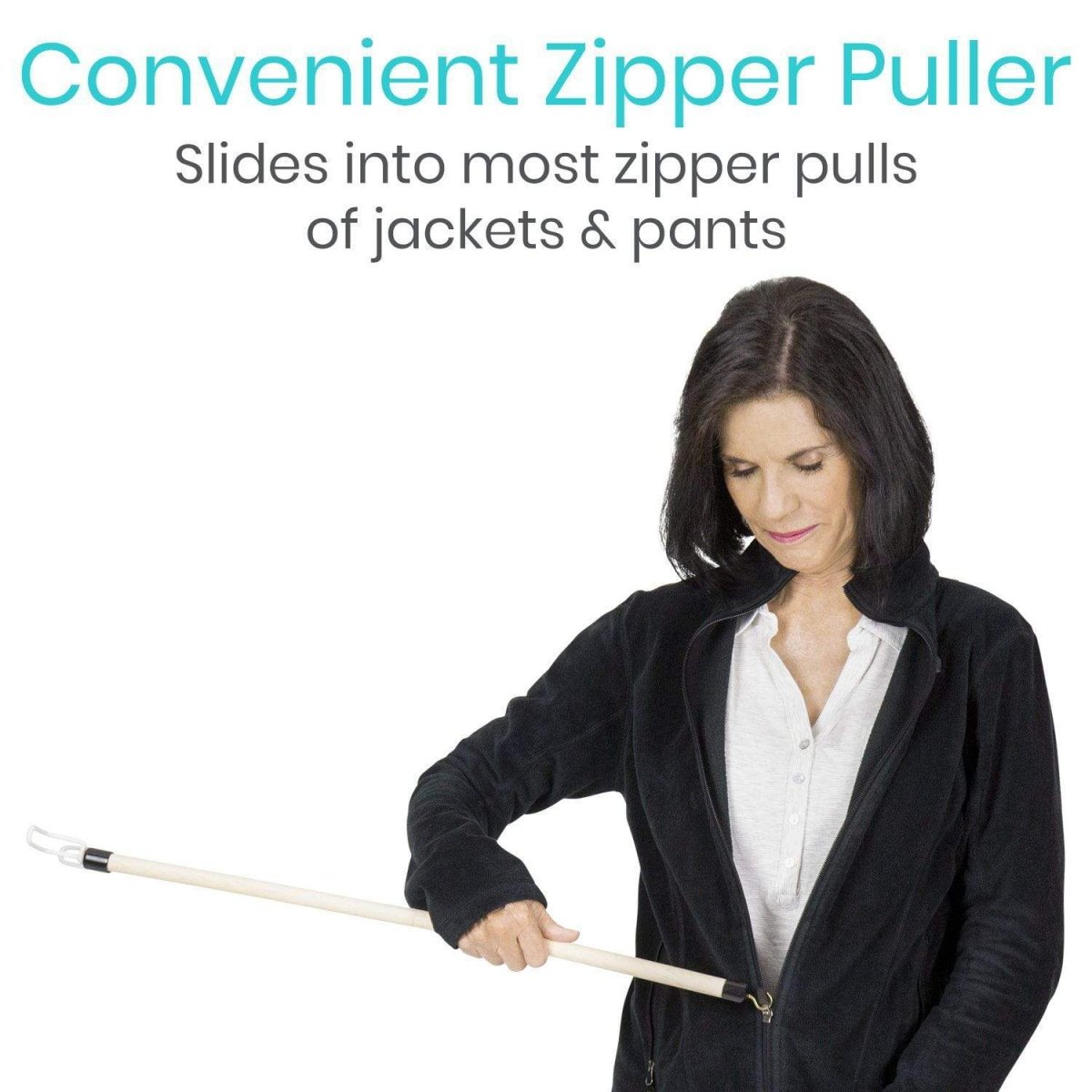 Light wood dressing stick with white hook end, reaching toward a jacket zipper area