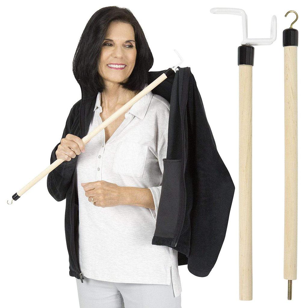 Dressing stick parts shown: light wood handles with white hooks and black connector ends