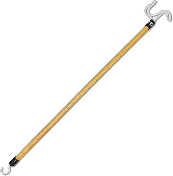 Wood dressing stick with white hook ends and black grip, for pulling zippers and fabrics