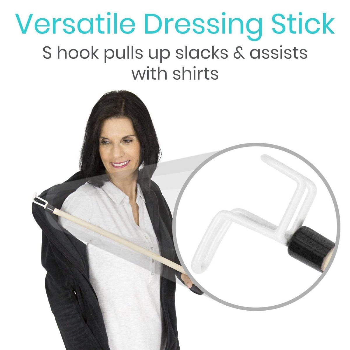 Dressing stick with white hook tool and light wood handle for lifting shirt slack