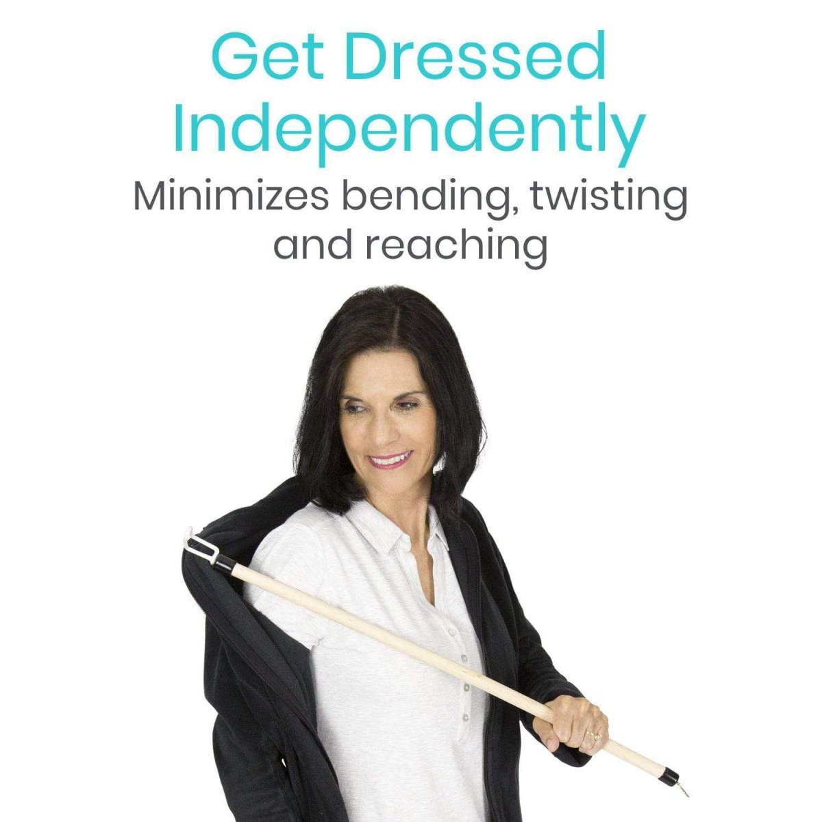 Dressing stick with light wood handle and white hook for grabbing and lifting clothing