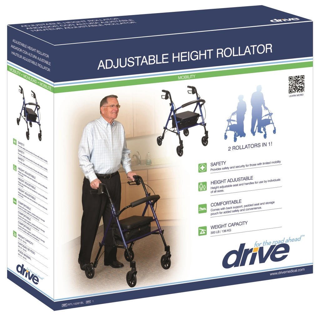 Drive adjustable height rollator box with product name and blue rollator image