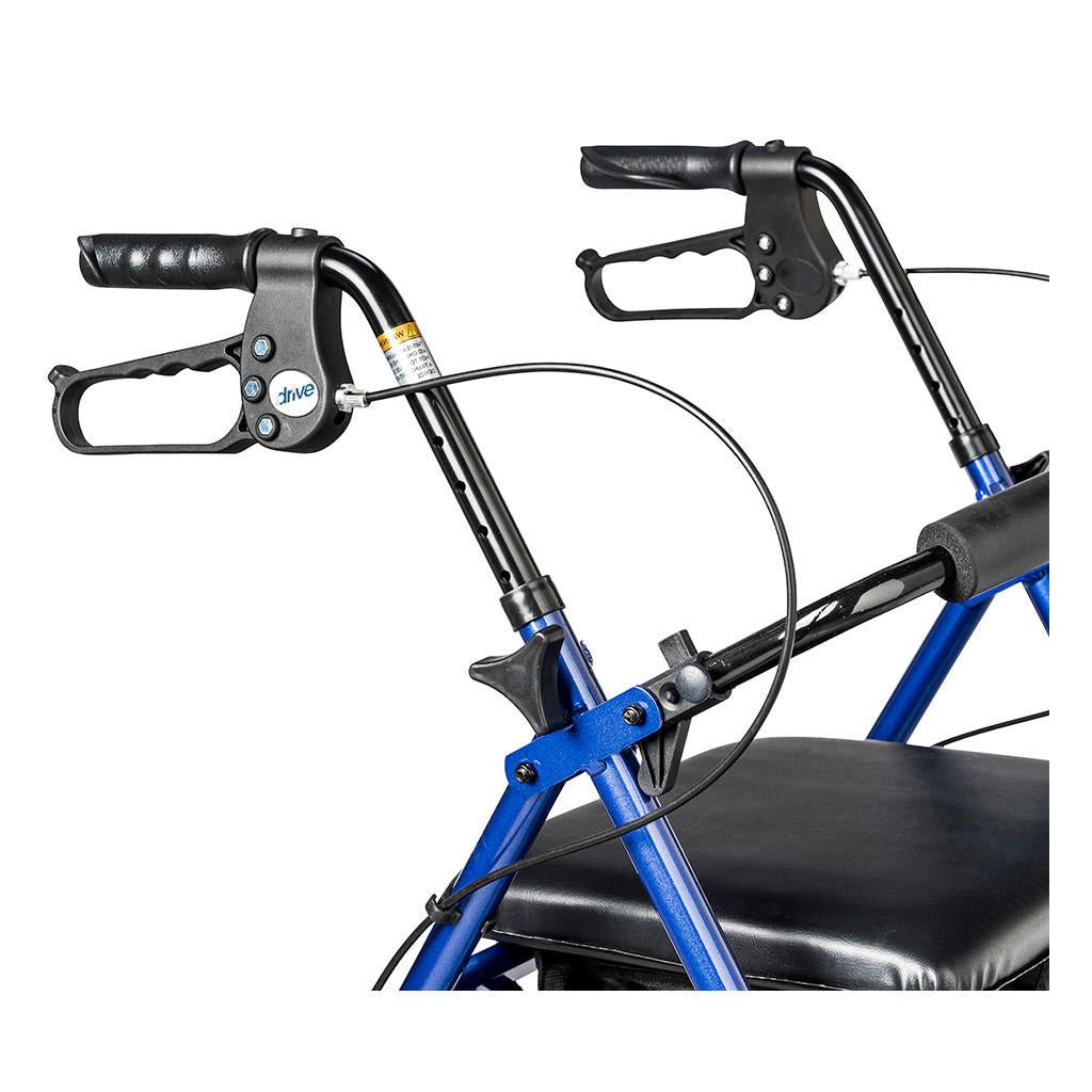 Close-up of blue rollator frame and black handle grips with control cables