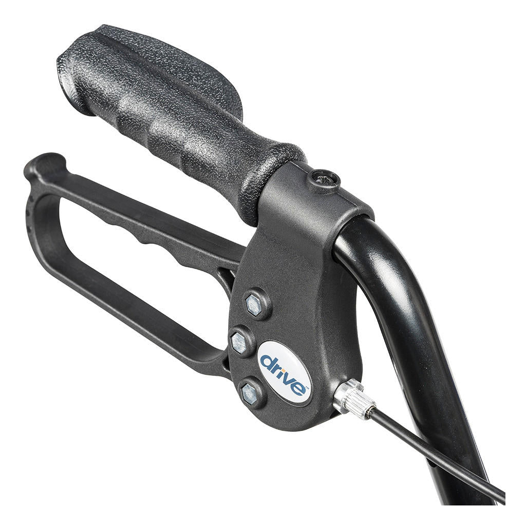 Close-up of black handle hardware and lever on blue rollator frame
