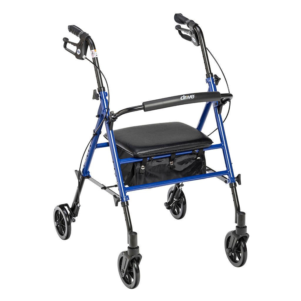 Blue rollator walker with padded black seat, storage pouch, and four swivel wheels