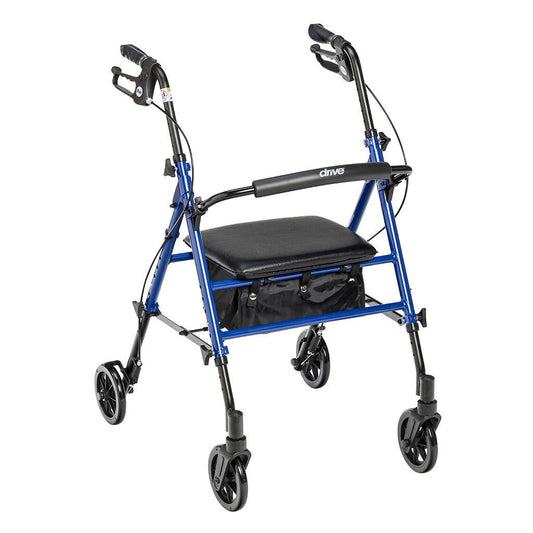 Blue rollator walker with padded black seat, storage pouch, and four swivel wheels