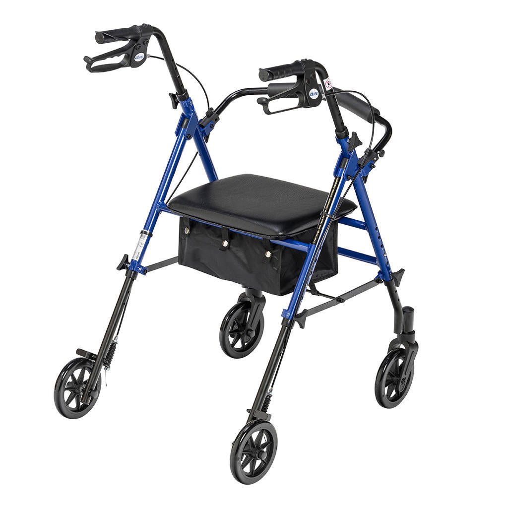 Blue rollator walker with black padded seat, front handles, and side support bars