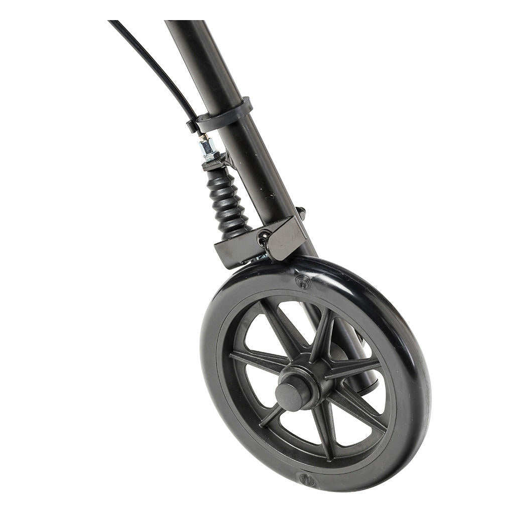 Close-up of rollator front wheel with suspension spring and blue frame leg