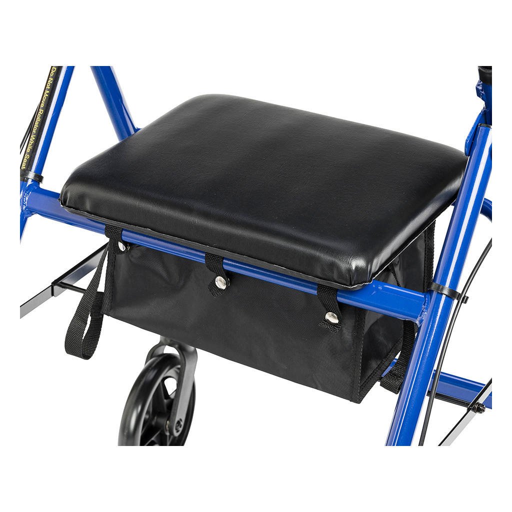 Black padded rollator seat with under-seat fabric storage pouch on blue frame