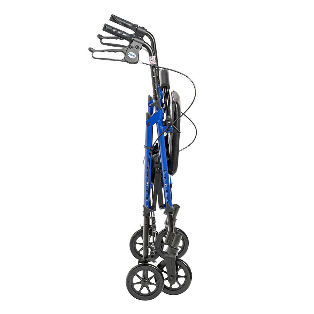 Blue rollator walker folded upright with black seat and four large swivel wheels