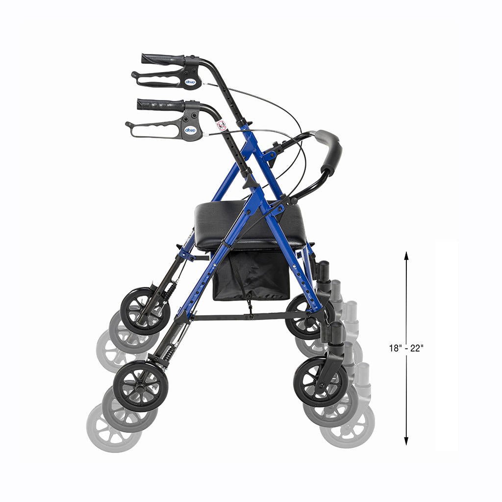 Blue rollator walker shown with adjustable height range 18–22 in