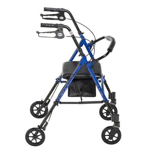 Blue and black rollator walker with padded seat and under-seat storage pouch