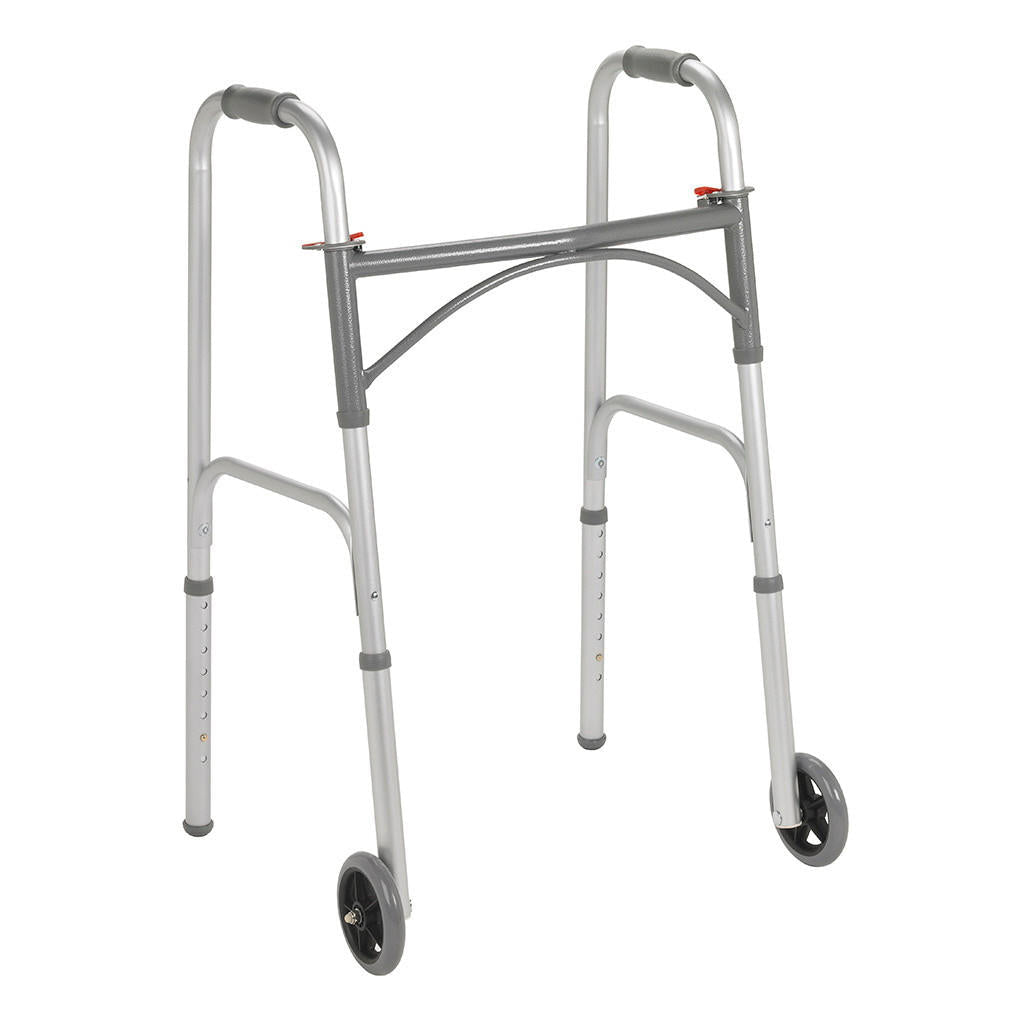 Adult walker with 5-inch wheels, light-gray aluminum frame and curved hand grips