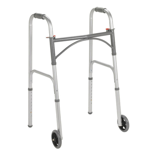 Adult walker with 5-inch wheels, light-gray aluminum frame and curved hand grips