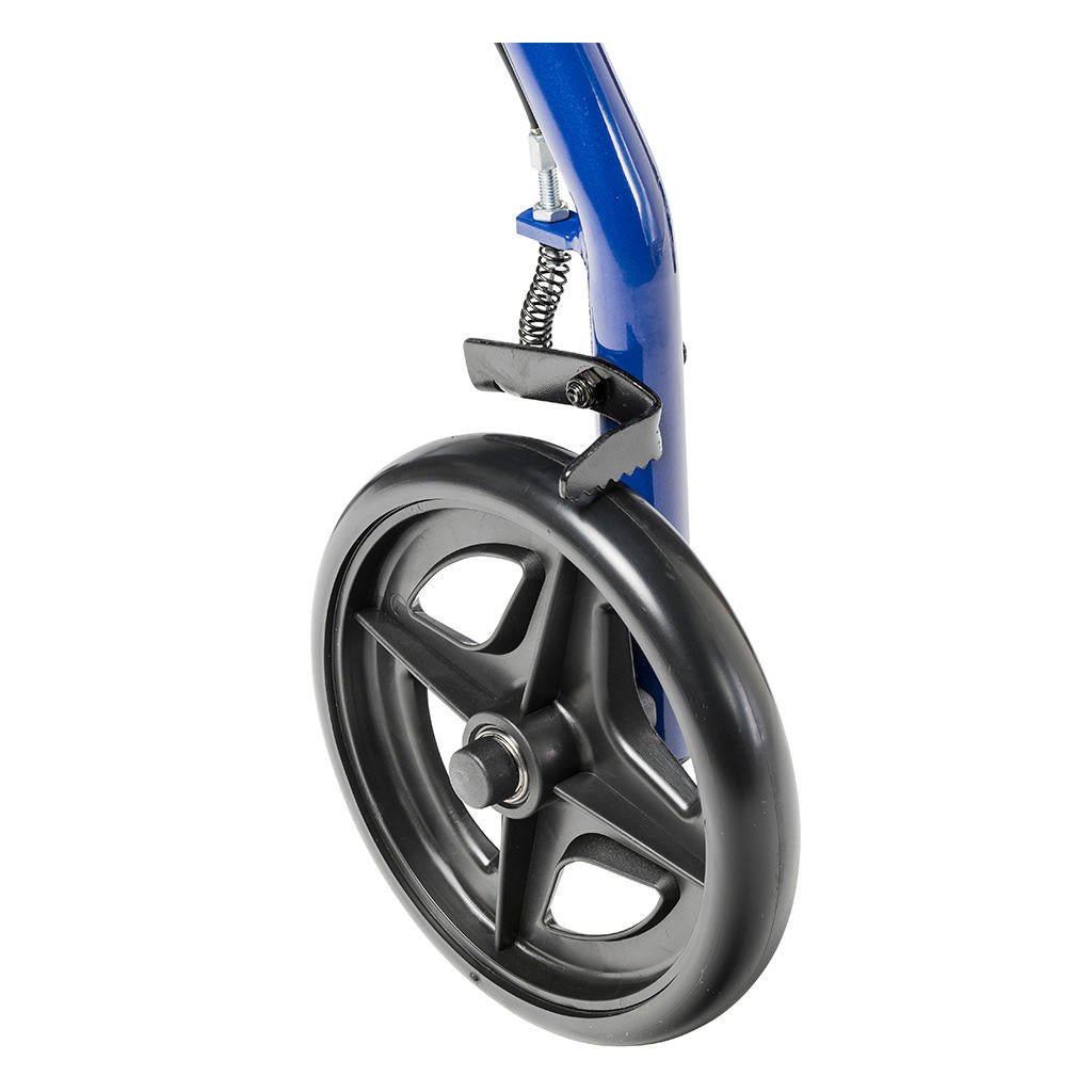 Close-up of blue rollator front caster wheel and suspension spring