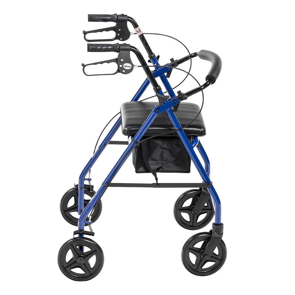 Blue rollator with black seat, hand brakes, and front storage pouch