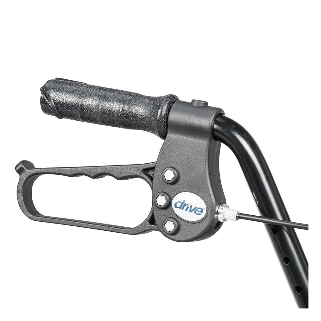 Close-up of black hand brakes and hand grips on blue rollator frame
