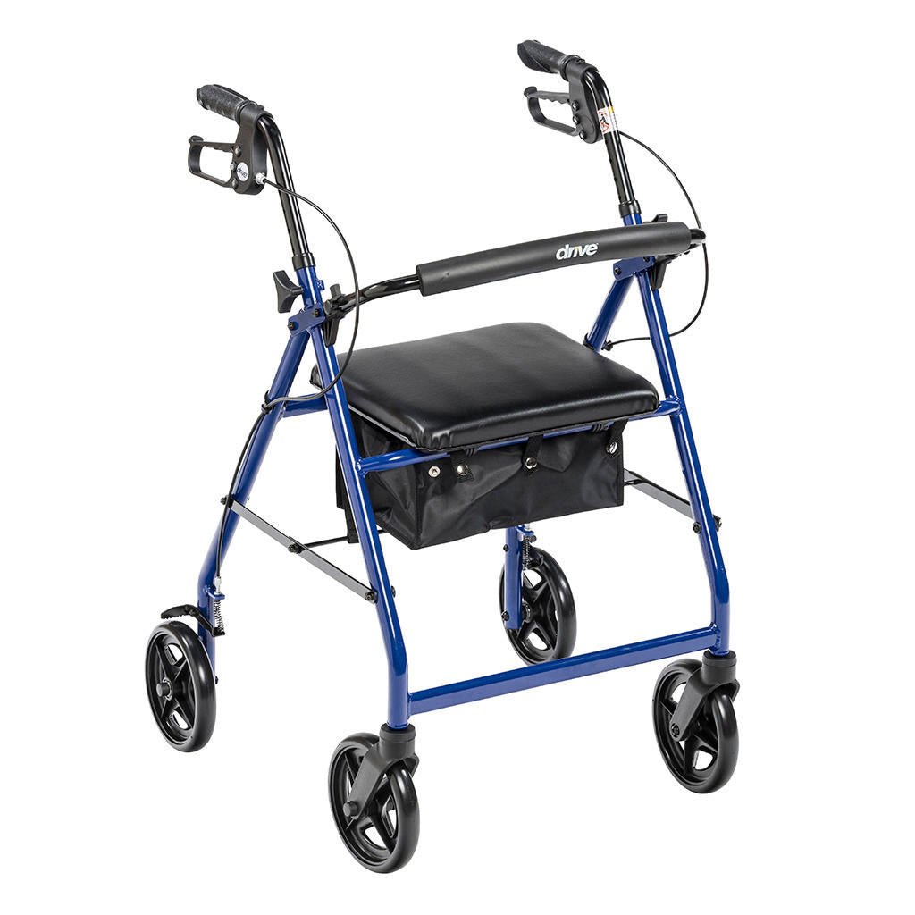 Blue aluminum rollator with black padded seat and front storage bag