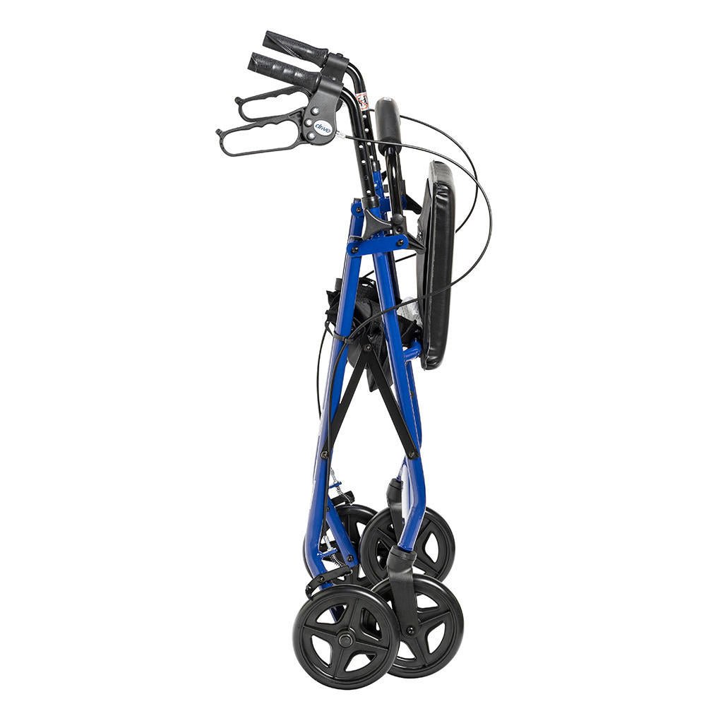 Blue rollator side view with black seat, handlebars, and four large wheels