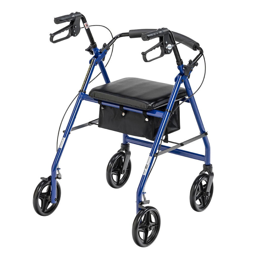 Blue rollator with black padded seat, armrests, and four caster wheels