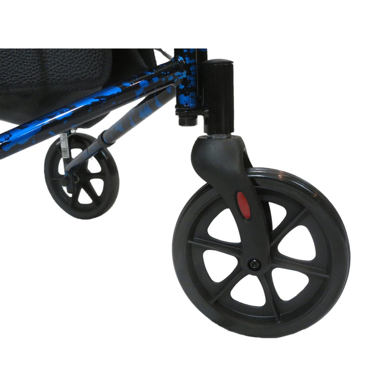 Close-up of rollator front wheel and frame with blue speckled accents