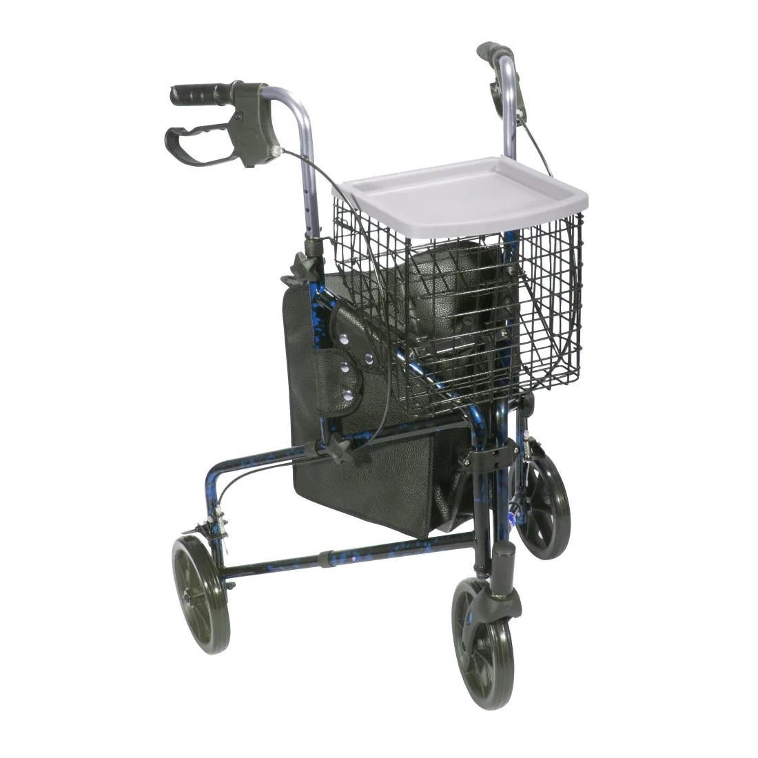 3-wheel rollator with padded seat, front basket, and blue-accent aluminum frame