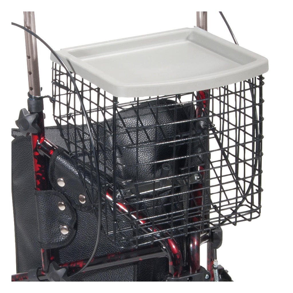 Front view of rollator with white tray top and black wire basket for storage