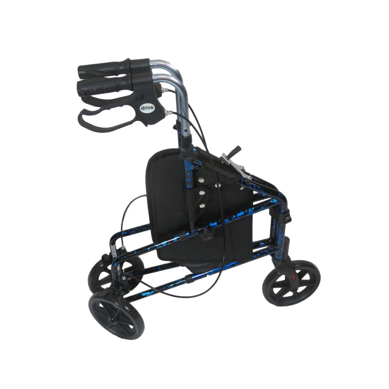 3-wheel rollator with padded seat, storage pouch, and blue trim on the frame