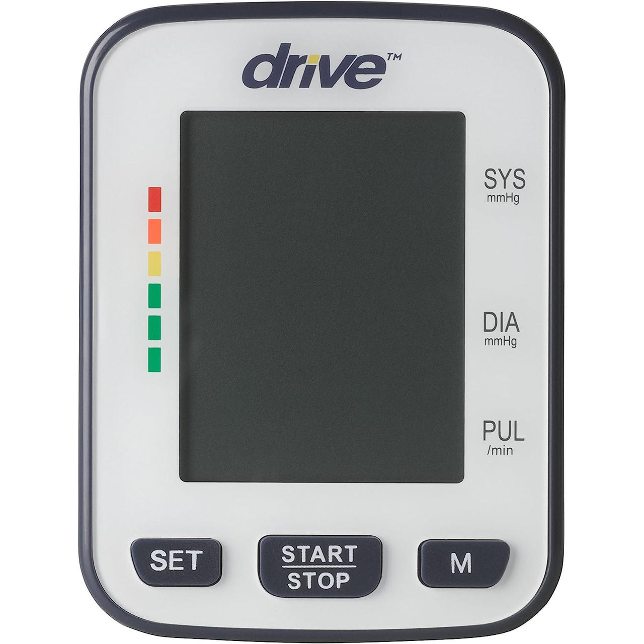 Wrist blood pressure monitor with dark LCD screen and SYS/DIA/PUL labels