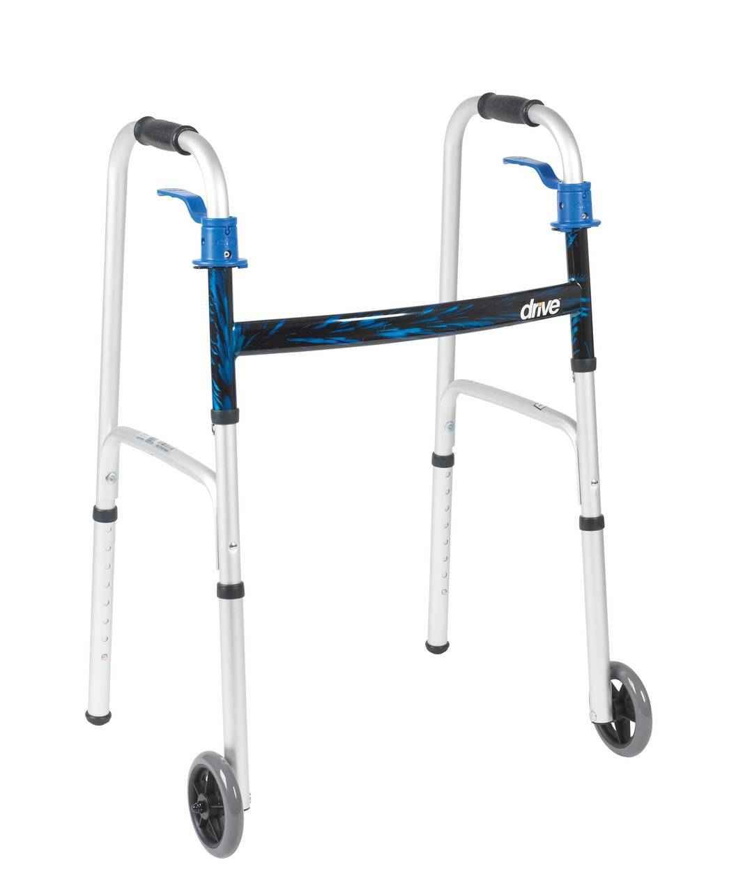 Folding walker with trigger release and 5 in wheels, white frame with blue/black bar
