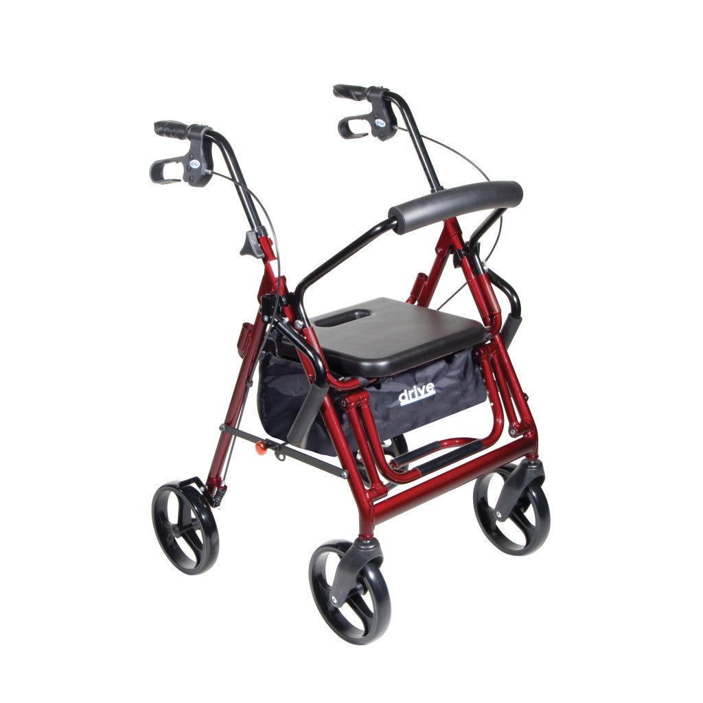 Red rollator transport chair with black padded seat, armrests, and 8-inch caster wheels
