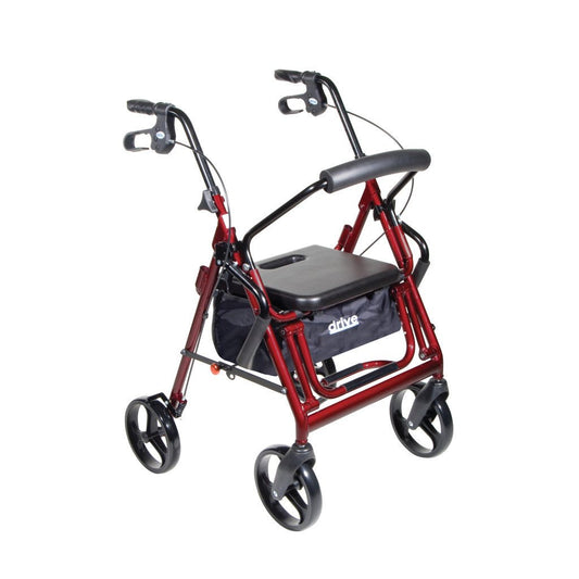 Red rollator transport chair with black padded seat, armrests, and 8-inch caster wheels