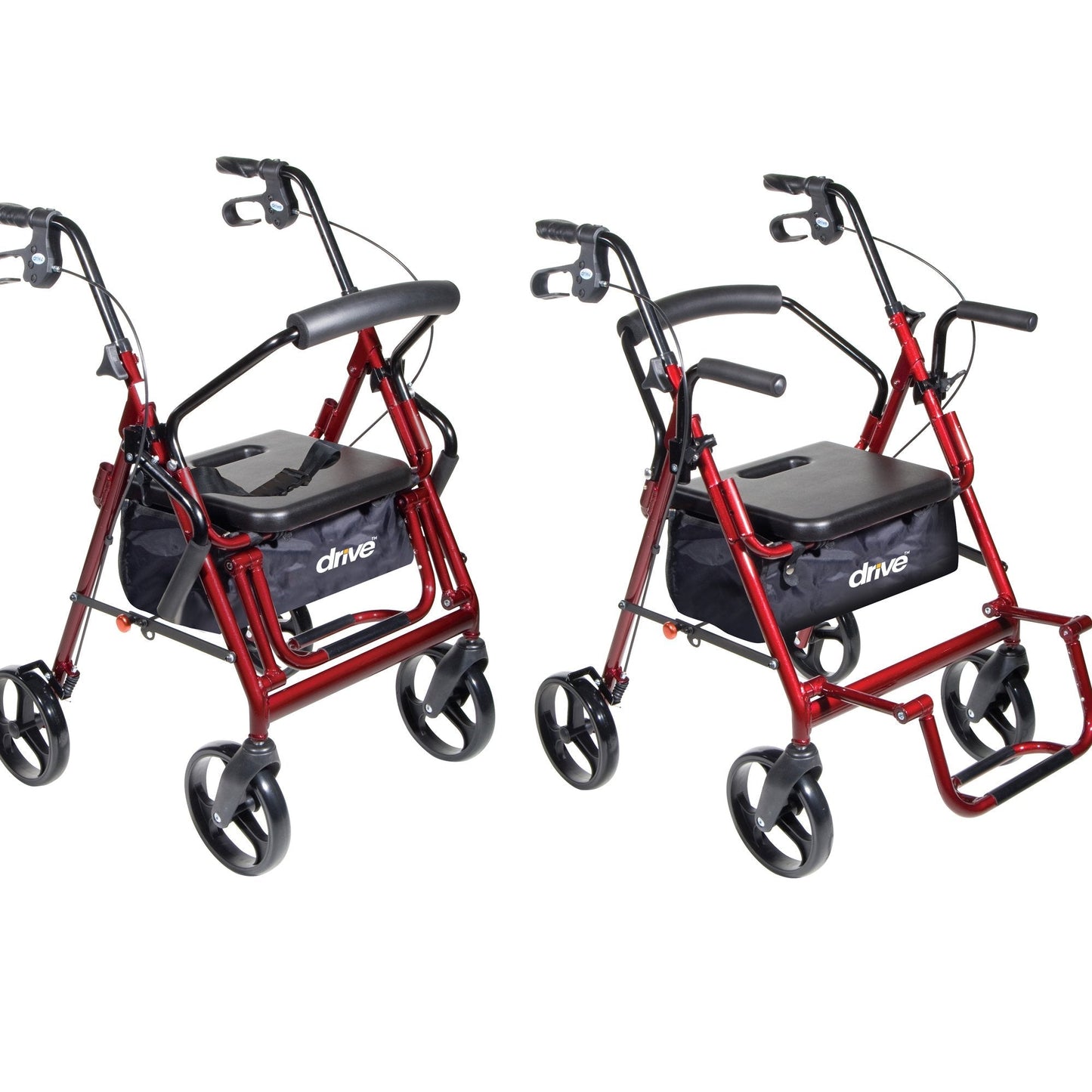 Red transport chair/rollator in two views: black seat, armrests, and caster wheels